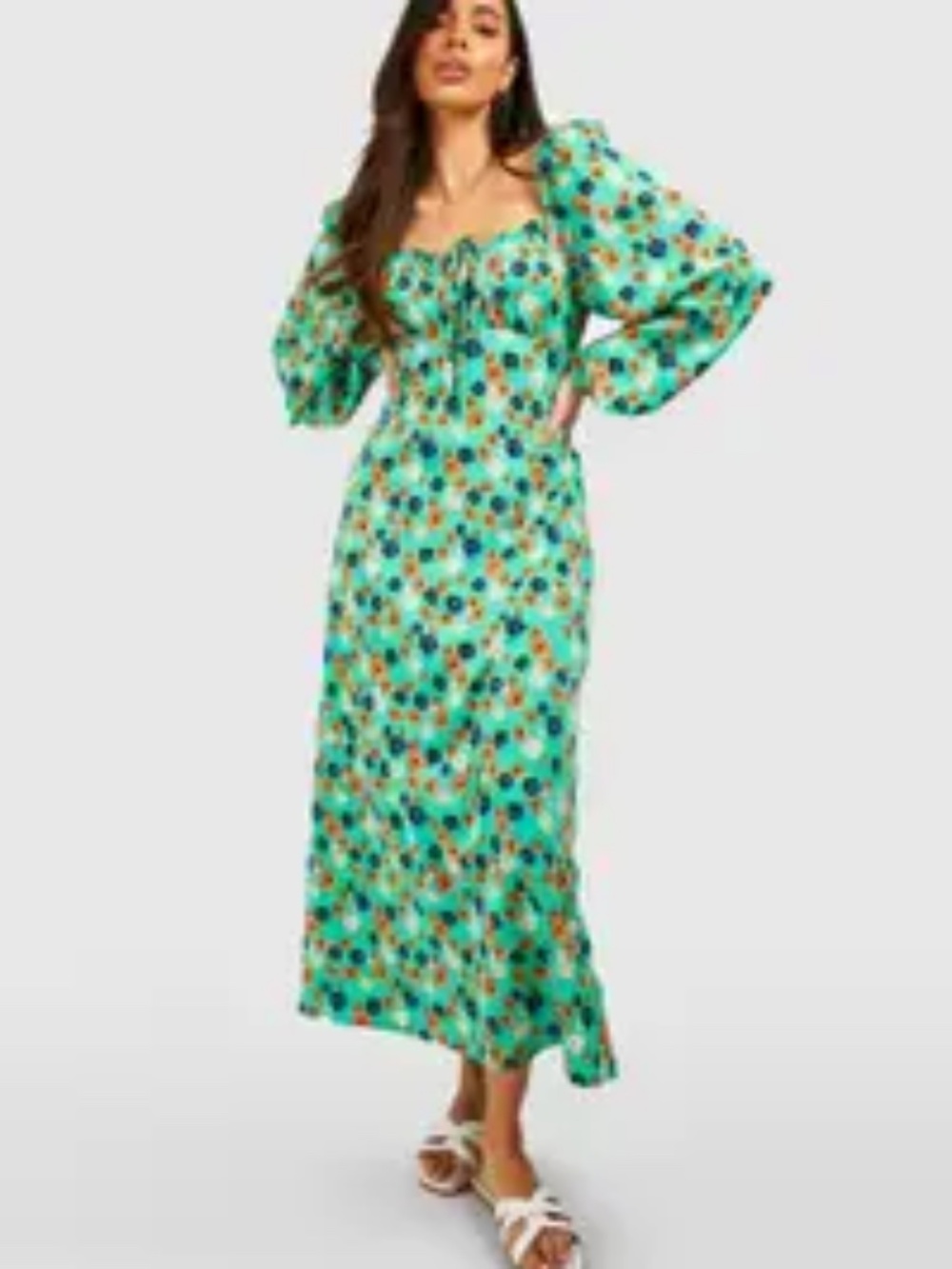 Boohoo Floral Long Sleeve Midi Dress